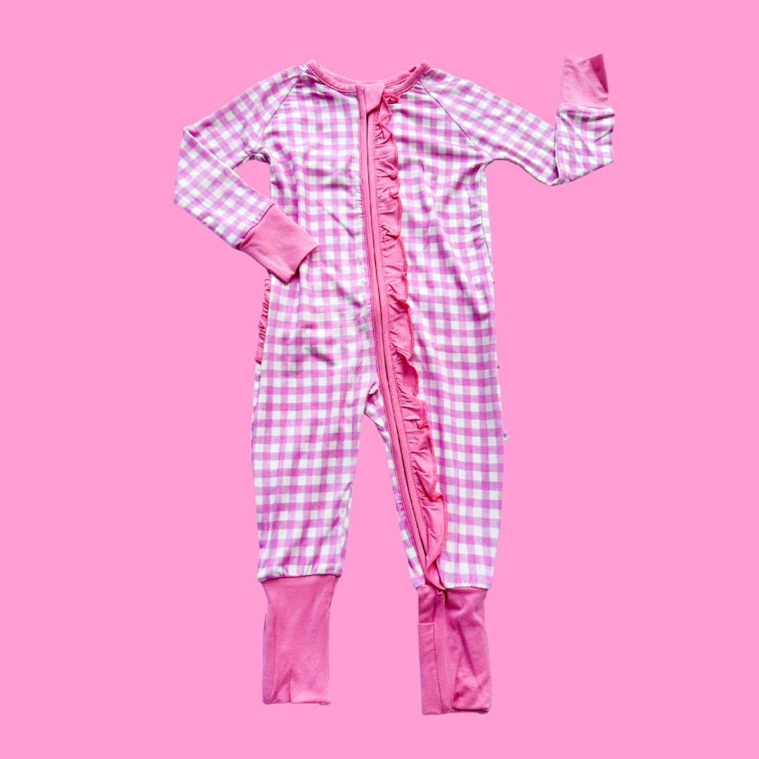 Hot Pink Gingham Ruffle Romper