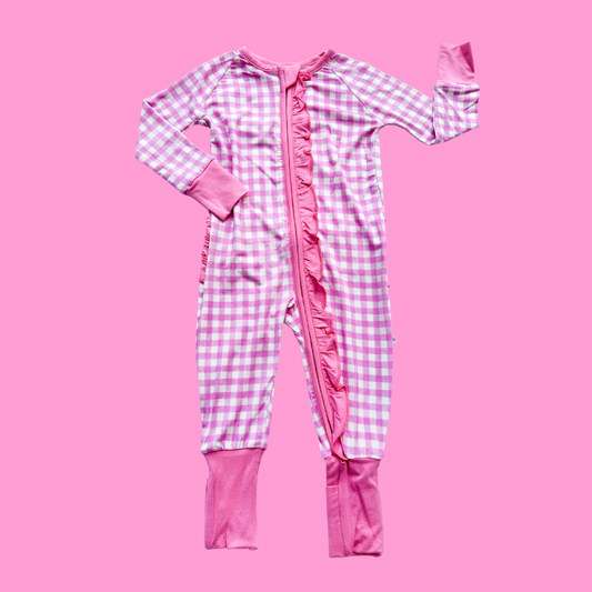 Hot Pink Gingham Ruffle Romper