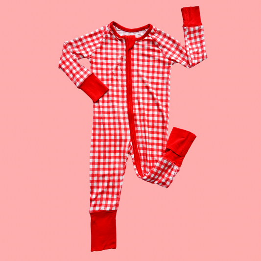 Red Gingham Zipper Romper